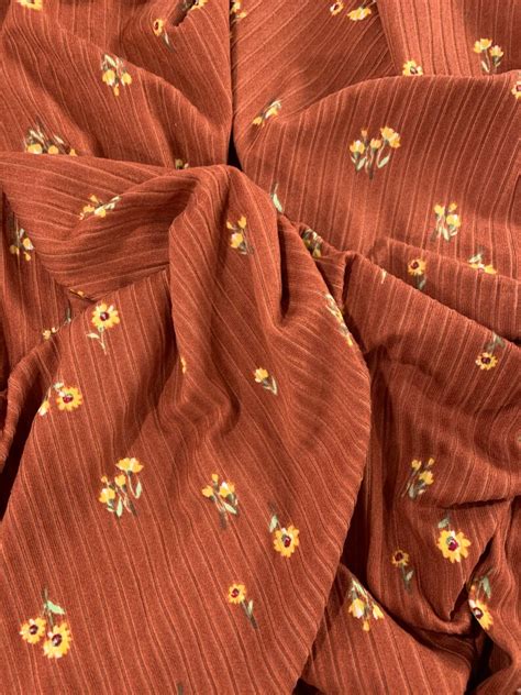 Rib Knit Fabric Rust Color Yellow Sunflowers Ditsy Floral Etsy