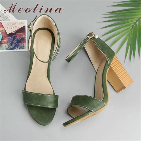 Meotina Summer Shoes Women Sandals Pearl Square High Heel Party Shoes Buckle Open Toe Ankle