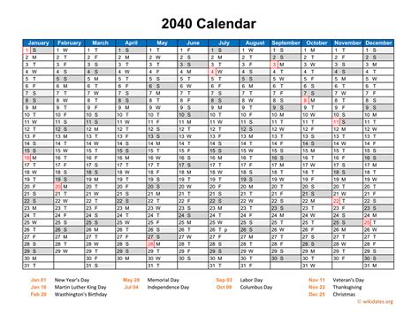 2040 Calendar Horizontal One Page