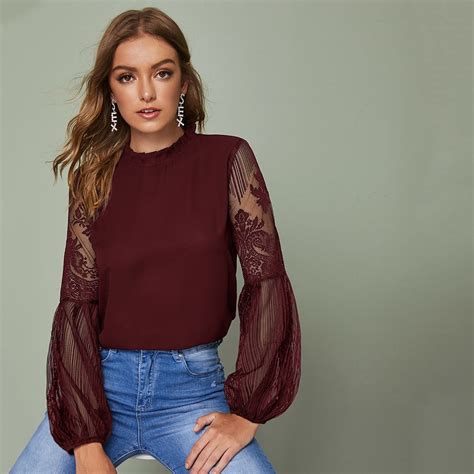 Frilled Neck Sheer Lace Sleeve Top In 2020 Lace Sleeve Top Red Sheer