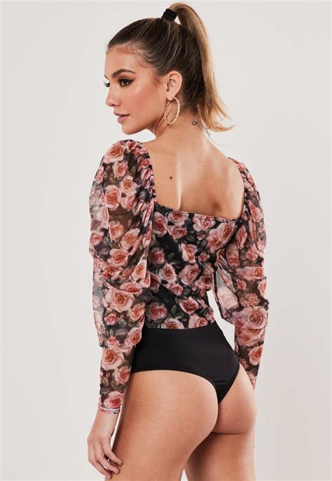 Pink Rose Mesh Ruched Bust Bodysuit Missguided