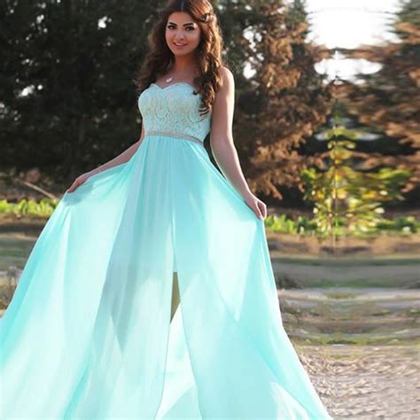 Stunning Mint Green Prom Dresses With Slit Chiffon Cheap Party Dresses