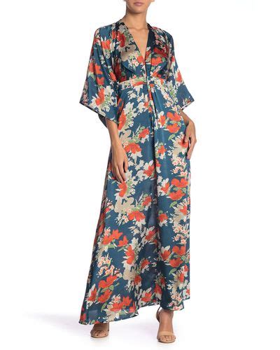 Aakaa Floral Kimono Sleeve Satin Maxi Dress In Blue Lyst