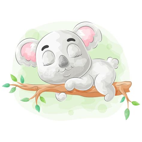 Cute Doodle Koala Sleeping On Tree With Watercolor Illustration Stock