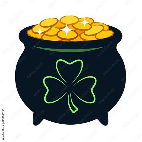 Pot Of Gold Vector Cartoon Illustration Black Pot Filled With Sparkling Golden Coins With