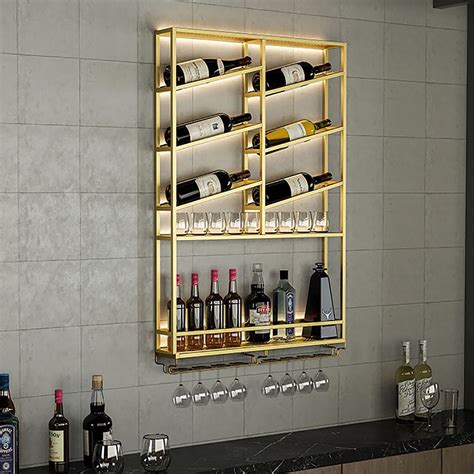 Industrial Wall Mounted Wine Rack With Glass Rack Gold
