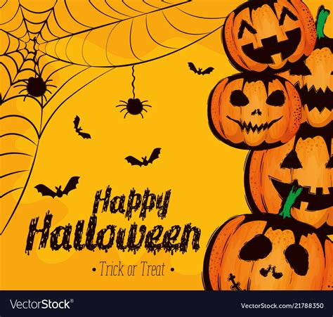 Happy Halloween Card With Pumpkins And Spiderweb Vector Image