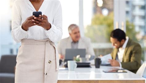 Phone Typing And Business Woman In Meeting Networking Corporate