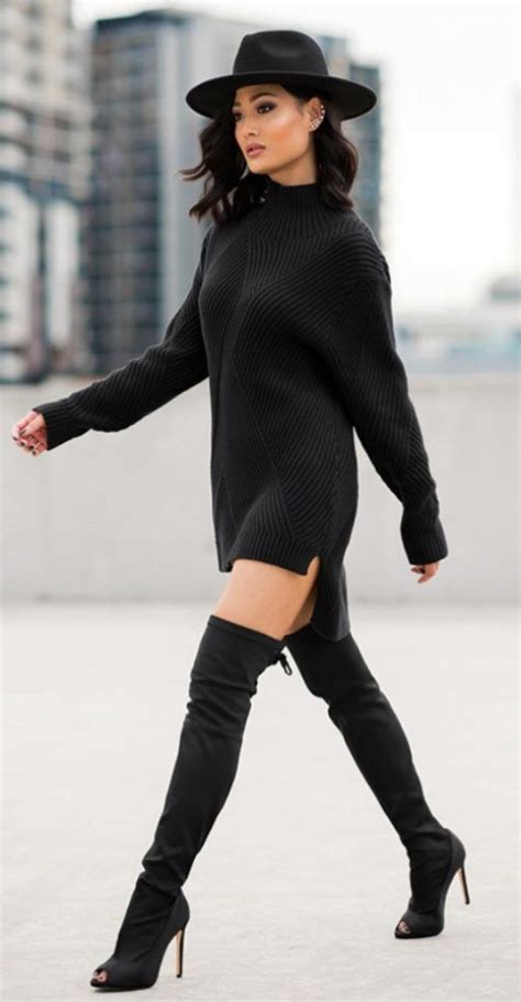 Chunky Sweater Dress With Over The Knee Boots All Black Outfit Black