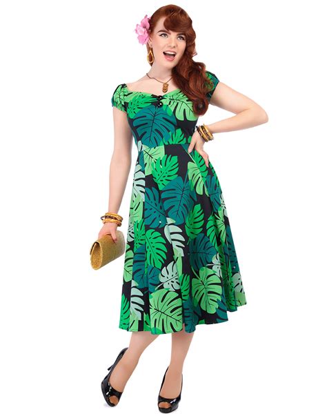 Collectif Dolores Retro 50s Tahiti Palm Doll Dress In Blackgreen