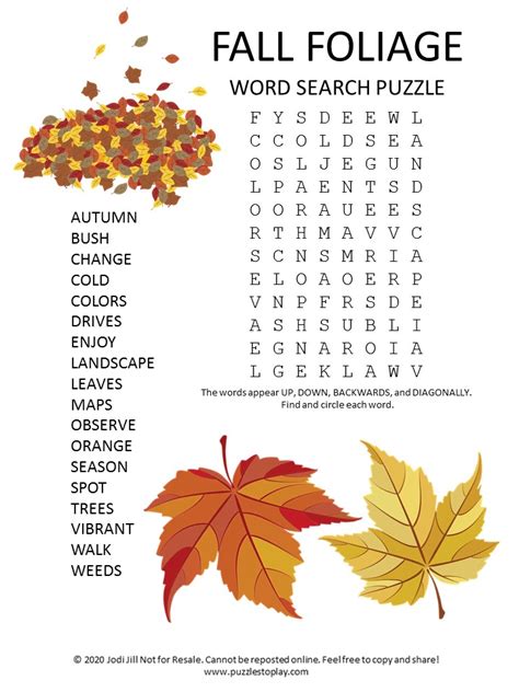 Fall Foliage Word Search Puzzle Puzzles To Play