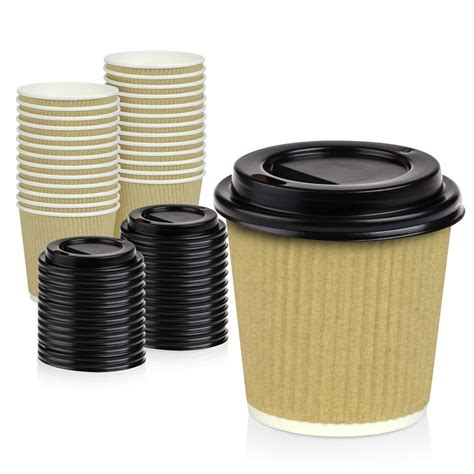 50 Pack Disposable Hot Cups With Lids 4 Oz Brown Double Wall