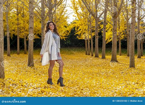 Brunette Model Enjoying A Fall Day In Fall Foliage Stock Image Image
