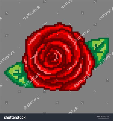 Pixel Art Red Rose Leaves Isolated Stock Vector Royalty Free