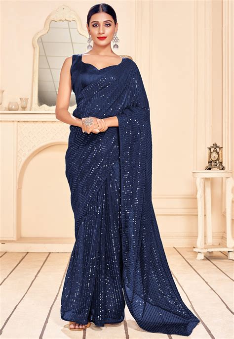 Buy Sequinned Art Silk Saree In Navy Blue Online Spf1818 Utsav Fashion