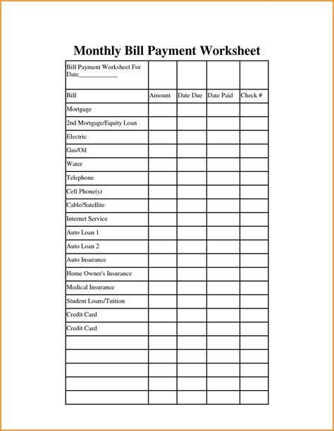 Simple Printable Monthly Bill Organizer Spreadsheet