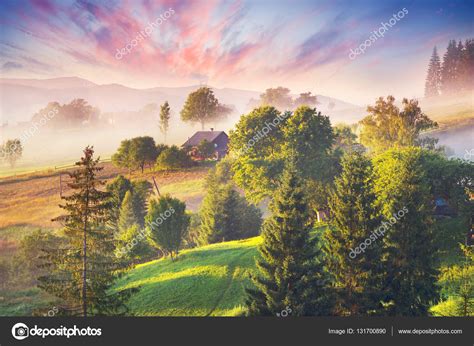 Foggy Sunrise In The Carpathian Mountains Stock Photo By ©panaramkaukr