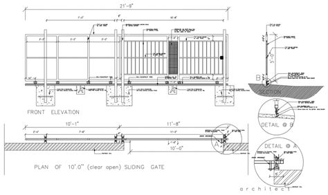 Elevation And Sectional Of Sliding Gate D View Autocad File Sliding