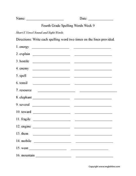 Week 9 E Vowel Fourth Grade Spelling Worksheets Spelling Worksheets