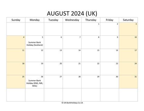 August 2024 Calendar Printable With Bank Holidays Uk