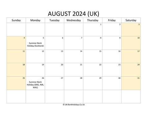 August 2024 Calendar With Holidays Uk - Debbi Ethelda