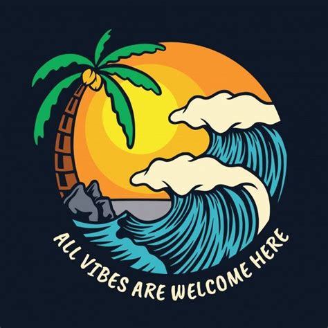 Summer Waves And Sunset Beach Illustration Beach Illustration Retro Surf Art Graphic Tshirt