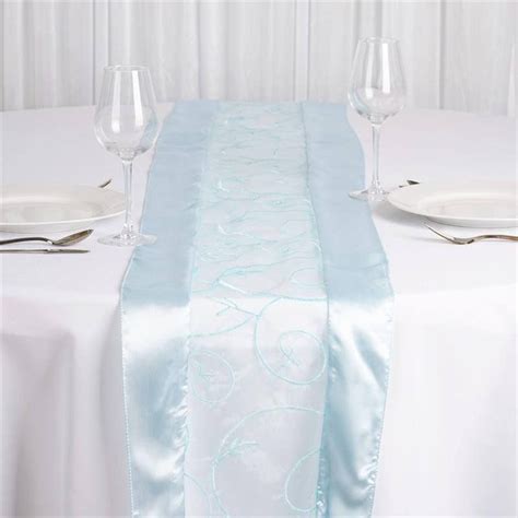 14x108 Light Blue Satin Embroidered Sheer Organza Table Runner