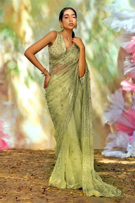 Buy Talking Threads Green Silk Organza Zari Embellished Saree With