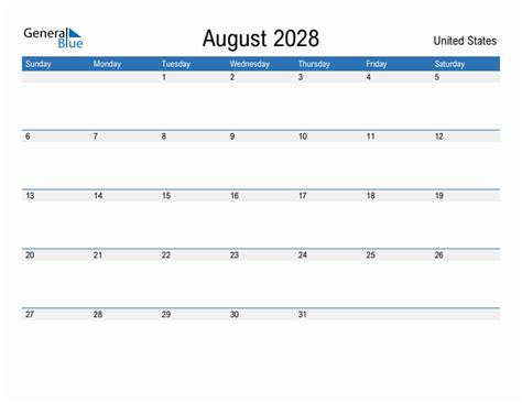 August 2028 Monthly Calendar With United States Holidays