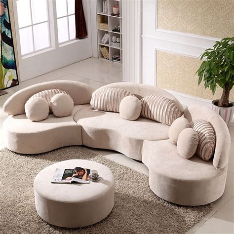 Modern Seat Sofa Curved Sectional Modular Beige Velvet Upholstered With Ottoman Sectional
