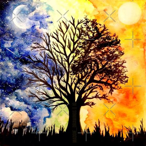 Sunset And Night Sky Tree Painting By Madeleine Vo Redbubble