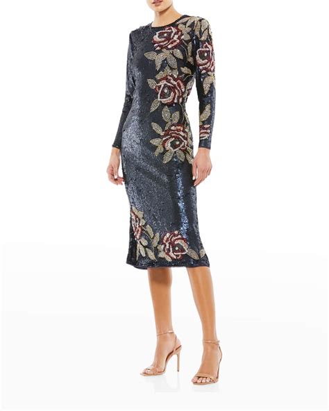 Mac Duggal Long Sleeve Sequin Floral Midi Dress Neiman Marcus
