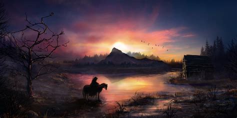 Warrior Horse Birds Flying Sunrise Landscape View Hd Artist 4k