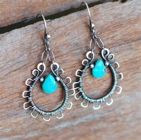 Lacy Turquoise And Sterling Silver Wire Wrapped Earrings Etsy