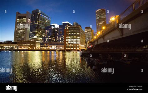 Boston Night Downtown Building Light River Water Stock Photo Alamy