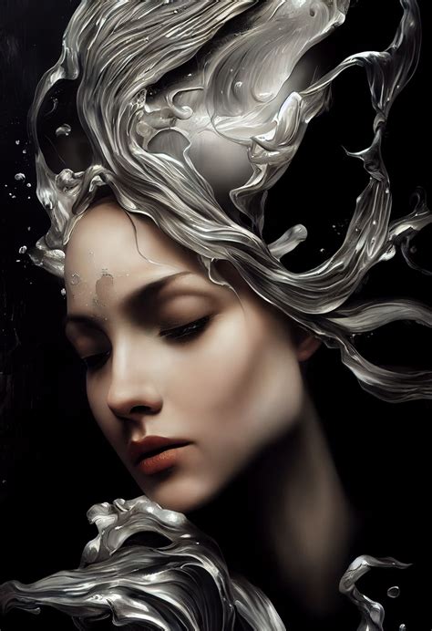 Beautiful Silver Woman Dissolving Into Silver Liquid Oil Paint Wind