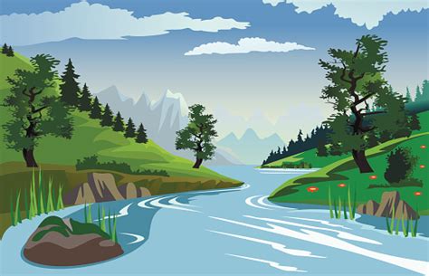 River Flowing Through Hills Stock Illustration Download Image Now