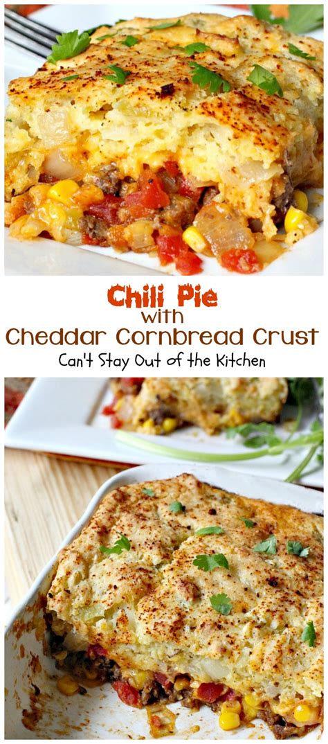 How about an easy breakfast casserole recipe that uses up the leftover cornbread and is easy to make? Chili Pie with Cheddar Cornbread Crust - Can't Stay Out of ...