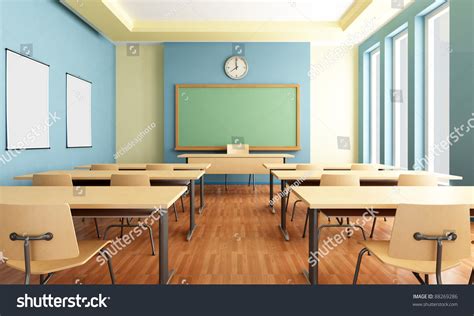 Bright Empty Classroom Without Student With Wooden Furniture Rendering