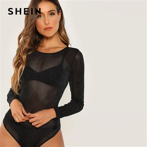 Buy Shein Black Long Sleeve Mesh Sheer Bodysuit Sexy