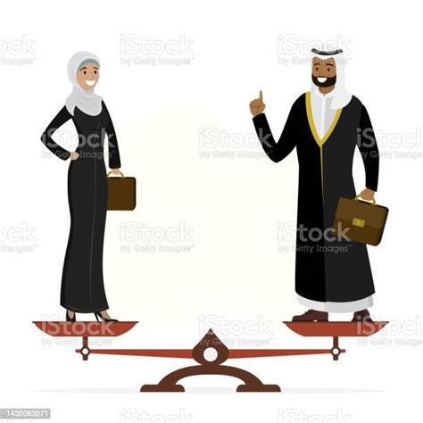 muslim woman in hijab and arab businessman standing on scales gender equality human rights