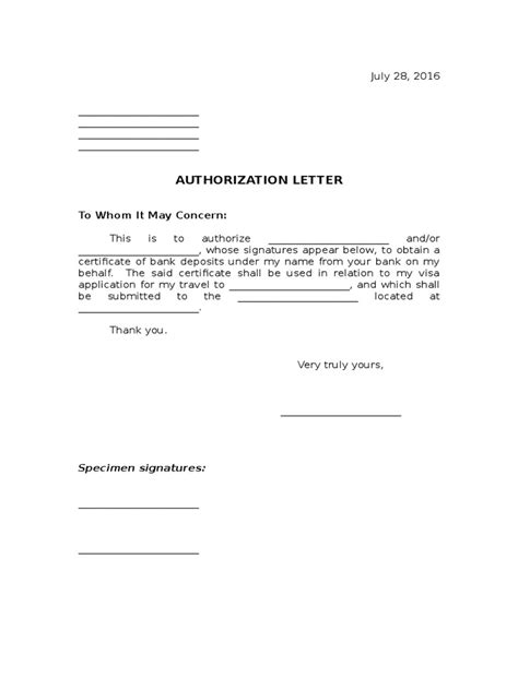 Better than a credit card authorization form. Authorization Letter: Specimen signatures