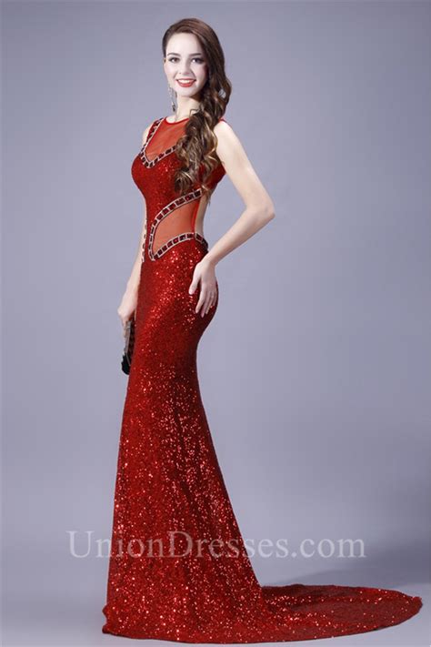 Sheath Illusion Neckline Open Back Red Sequin Beaded Evening Prom Dress