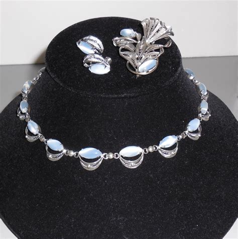 Vintage Alice Caviness Sterling Silver And Blue Faux Moonstone Parure