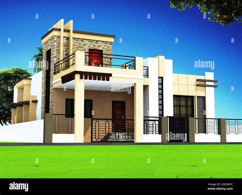 3d Rendering Of A Duplex House With An Abstract Exterior Design Stock