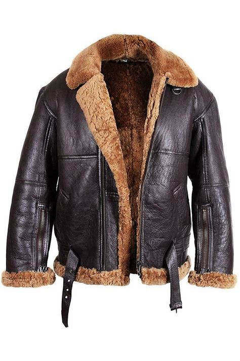 Mens B6 Bomber Aviator Pilot Real Sheepskin Shearling Brown Leather Jacket Real Shearling Jacket