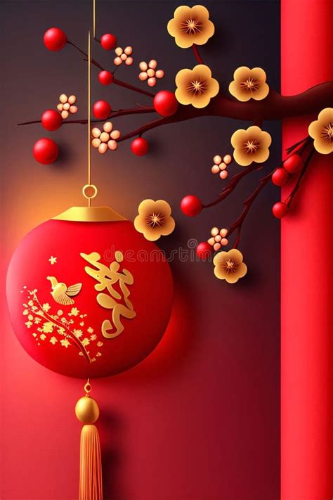 Red Decorated Chinese Lantern And Branches With Colorful Buds Chinese