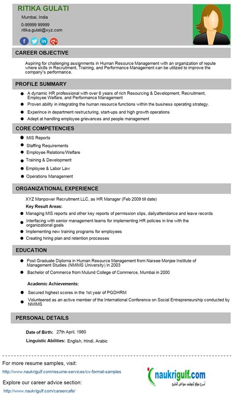 A resume is a basically a summary of skills and experience over one or two pages while a cv is more detailed and can stretch well beyond two pages. HR CV Format - HR Resume Sample - Naukrigulf.com