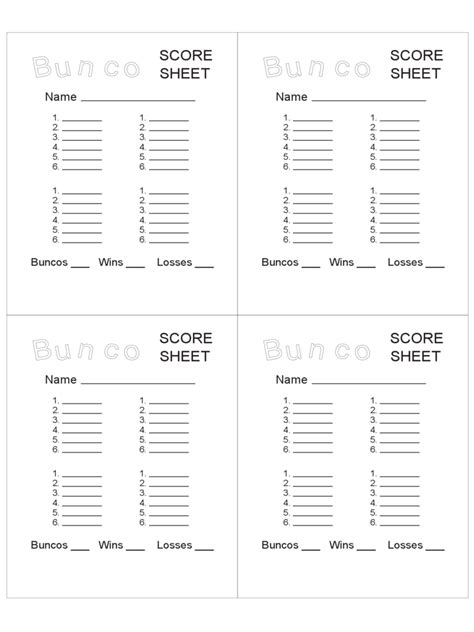 Printable Score Sheets For Bunco