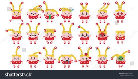 Set Cute Girl Emoji Stickers Vector Stock Vector Royalty Free
